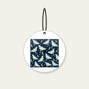 Luna Moths and Crescent Moons on Navy Ceramic Ornament in white: Pale luna moths and crescent moons glow on deep navy among tiny star dots.