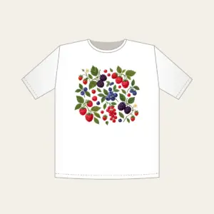 Wild Berries and Leaves T-Shirt in white: A scatter of wild berries and leaves in plum, red and green on cream.