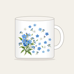 Forget-Me-Not Scatter Mug in white: Small forget-me-not flowers in blue and white drift across the space, with a larger sprig in one corner.