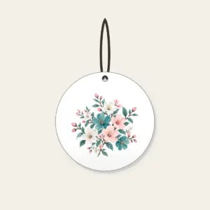 Teal Blossom Scatter Ceramic Ornament in white: Small blossoms in teal, white and pale pink scattered across a pale grey ground.