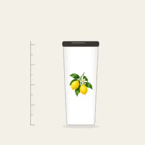 Lemon Branch in Blossom Tumbler in white: A single lemon branch carries two lemons, glossy leaves and a small blossom in lemon yellow, leaf green and cream.