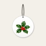 Holly Sprig with Red Berries Ceramic Ornament in white: A holly sprig with glossy leaves and bright red berries stands out on a deep green background.