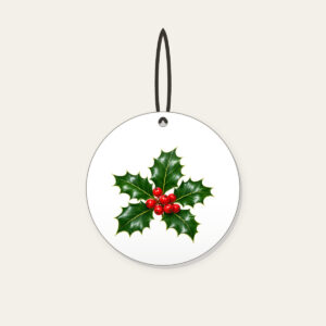 Holly Sprig with Red Berries Ceramic Ornament in white: A holly sprig with glossy leaves and bright red berries stands out on a deep green background.