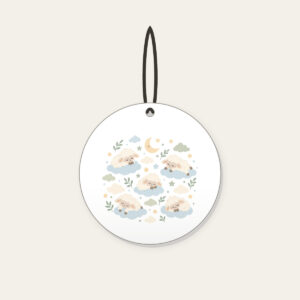 Sleepy Sheep and Clouds Ceramic Ornament in white: Small clouds and sleeping sheep in cream, pale blue and sage on a light field.