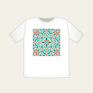 Aqua and Coral Mosaic Tiles T-Shirt in white: Mosaic tiles in aqua, coral and cream fit together across the artwork.