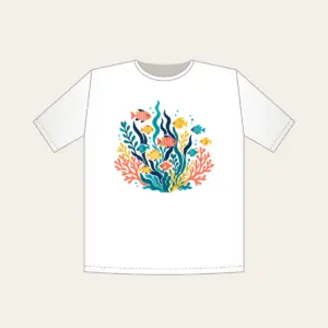 Tropical Fish School and Seaweed on Navy T-Shirt in white: A school of small tropical fish and seaweed in coral, yellow and teal swims on navy.