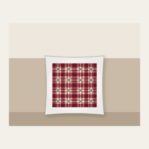 Burgundy Tartan with Leaf Sprigs Pillow in white: Burgundy and cream tartan with small leaf sprigs at the intersections.