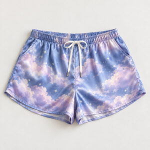 Blue Hour Satin Loose Pajama Shorts with soft clouds in dusk blue and lilac with tiny silver stars
