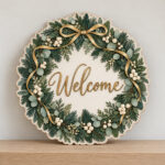 Round wood and acrylic sign printed with an evergreen wreath and the word Welcome