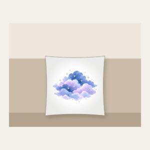 Dusk Clouds with Tiny Silver Stars Pillow in white: Gentle clouds in dusk blue and lilac are dotted with tiny silver stars.