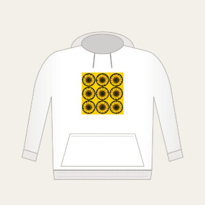 Nine Sunflowers in a Yellow Grid Hoodie in white: A neat three-by-three grid of nine sunflower circles in black and golden lines on a yellow ground.