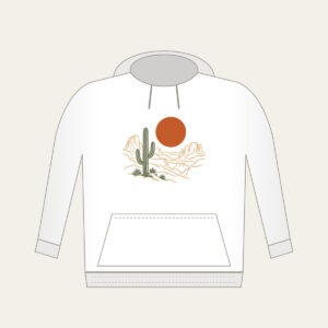 Desert Sun and Canyon Lines Hoodie in white: A rust-orange sun disc over sparse canyon contour lines and one sage cactus silhouette, flat screen look.