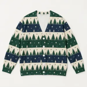 Knit Pine Border Cardigan with White Buttons with all-over fair-isle bands of pines and stars in cream, forest green and navy
