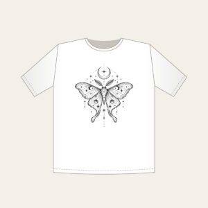 Moth, Stars and Crescent Moon Linework T-Shirt in white: A fine-line moth rests among tiny stars and a crescent moon in black.