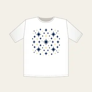 Navy and Cream Diamonds and Stars T-Shirt in white: Diamonds and stars repeat across the artwork in navy and cream.
