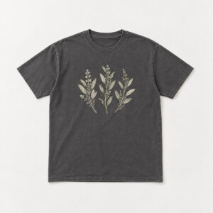 Pressed Sage Classic Tee with pressed-botanical chest print of three sage sprigs in cream and pale green with tiny dotted stems
