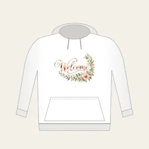 Rose Gold Welcome Wildflower Garland Hoodie in white: The word “Welcome” in rose gold mirror lettering, with a blush and sage wildflower garland curling into one corner.