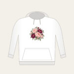 Blush and Plum Peony Clusters Hoodie in white: Full peony clusters in blush, plum and sage drift across the artwork in an all-over pattern.