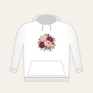 Blush and Plum Peony Clusters Hoodie in white: Full peony clusters in blush, plum and sage drift across the artwork in an all-over pattern.