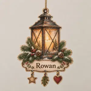 Lantern shaped wood ornament with amber glow and three hanging charms