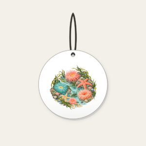 Coral Tidepool Anemones Ceramic Ornament in white: Anemones, starfish and sea grass gather in coral, teal and sand over a pale aqua ground.