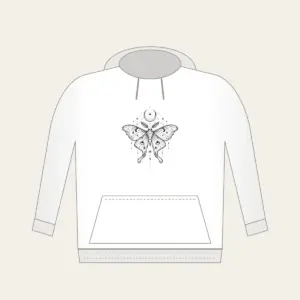 Moth, Stars and Crescent Moon Linework Hoodie in white: A fine-line moth rests among tiny stars and a crescent moon in black.