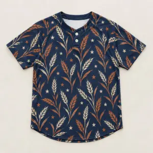 Grand Slam Two-Button Baseball Jersey with all-over wheat sprigs and small stars in rust, cream and navy with two buttons near the collar