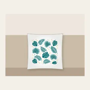 Palm Leaves and Little Bones Pillow in white: Palm leaves and small bones in teal and cream, scattered all over.