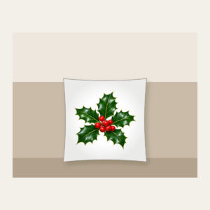 Holly Sprig with Red Berries Pillow in white: A holly sprig with glossy leaves and bright red berries stands out on a deep green background.