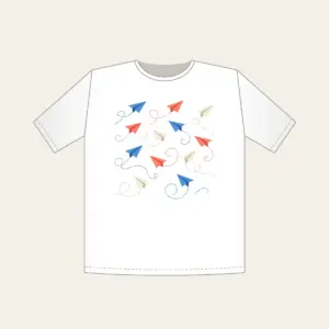 Paper Planes on Dotted Trails T-Shirt in white: Little paper planes trail dotted paths in blue, coral and cream.