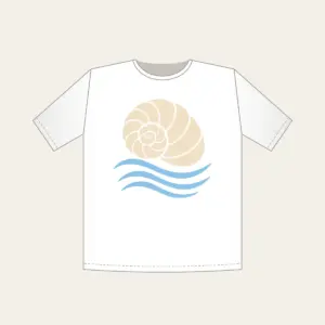 Cream Spiral Shell Over Blue Currents T-Shirt in white: A cream spiral shell above three pale-blue flowing current lines.
