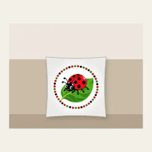 Ladybug on a Leaf Pillow in white: A cheerful ladybug rests on a green leaf inside a polka-dot border in red, black and green.