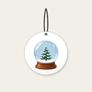 Tiny Pine Snow Globe Ceramic Ornament in white: A small pine tree stands inside a round snow globe as white flakes swirl around it.
