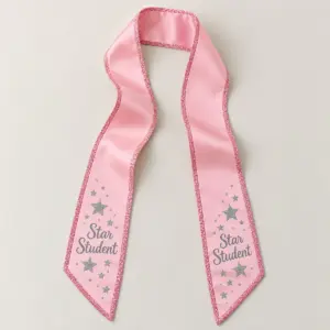 Star Student Glitter-Edge Kids Graduation Stole with a blush-pink stole printed with silver stars at both ends and the exact text "Star Student" near each end, finished with a real pink glitter edge trim