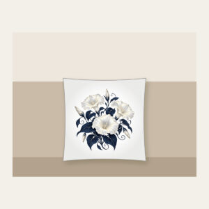 Night-Blooming Moonflowers over Navy Pillow in white: Moonflowers in cream and silver glow over a navy ground.