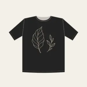 Single-Line Leaf Drawing T-Shirt in black: One unbroken cream line sketches a graceful leaf, answered by a small sprig on the reverse side.