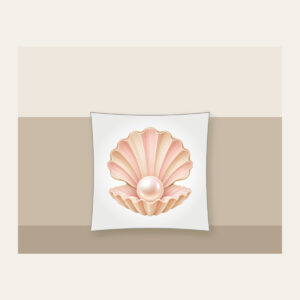 Scallop Shell Holding a Pearl Pillow in white: A scallop shell holds a single pearl in blush and sand tones.