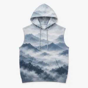 Misty Ridges Sleeveless Hoodie with grey-blue printed landscape and fog