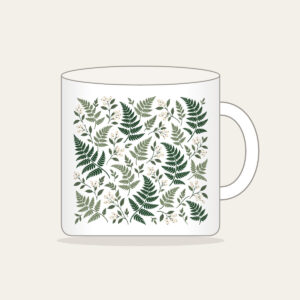 Fern and Berry Repeat Mug in white: A repeat of ferns and tiny berries in sage, deep green and cream.