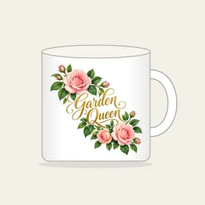 Garden Queen Rose Garland Mug in white: A diagonal garland of blush roses and green leaves carries the words “Garden Queen” in gold script.