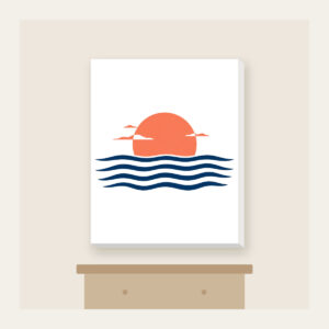 Rising Sun over a Navy Horizon Canvas Print in white: Navy horizon lines meet a small warm coral sun, with a few tiny white clouds.