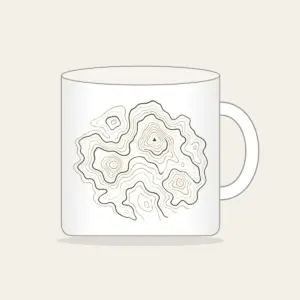 Moss Contour Map Mug in white: Topographic contour lines in moss, sand and cream with a tiny peak marker.