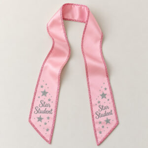 Star Student Glitter-Edge Kids Graduation Stole with a blush-pink stole printed with silver stars at both ends and the exact text "Star Student" near each end, finished with a real pink glitter edge trim