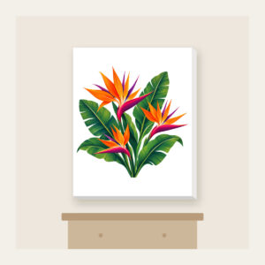 Bird of Paradise and Banana Leaves Canvas Print in white: Orange and magenta bird of paradise flowers with banana leaves stand on cream.