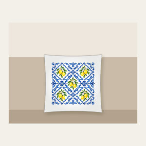 Cobalt Mediterranean Tiles with Lemons Pillow in white: An all-over repeat of Mediterranean-style tiles in cobalt and white with small lemon accents.