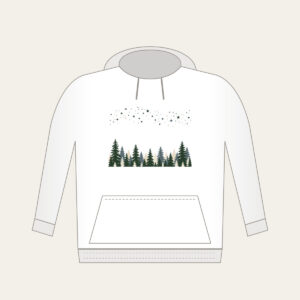 Pine Silhouettes under Scattered Stars Hoodie in white: A band of pine silhouettes runs along the lower edge beneath a drift of tiny stars in slate, forest green and cream.
