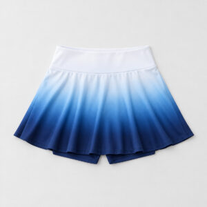 Flared gradient tennis skirt with built-in shorts, printed white to blue to navy