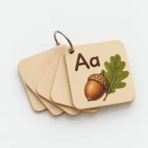 Alphabet Garden Wood Flash Card with a rounded card with a large letter "Aa" next to an acorn and oak leaf in brown and green, no other text