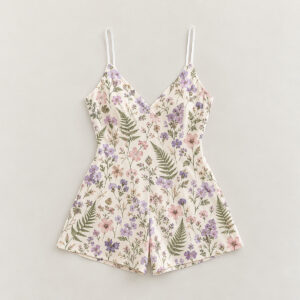 Pressed Posy V-Neck Cami Jumpsuit with all-over pressed posies and ferns in lilac, blush and sage on cream