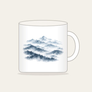 Misty Grey-Blue Ridgelines Mug in white: Grey-blue ridges layer into fog across the artwork.